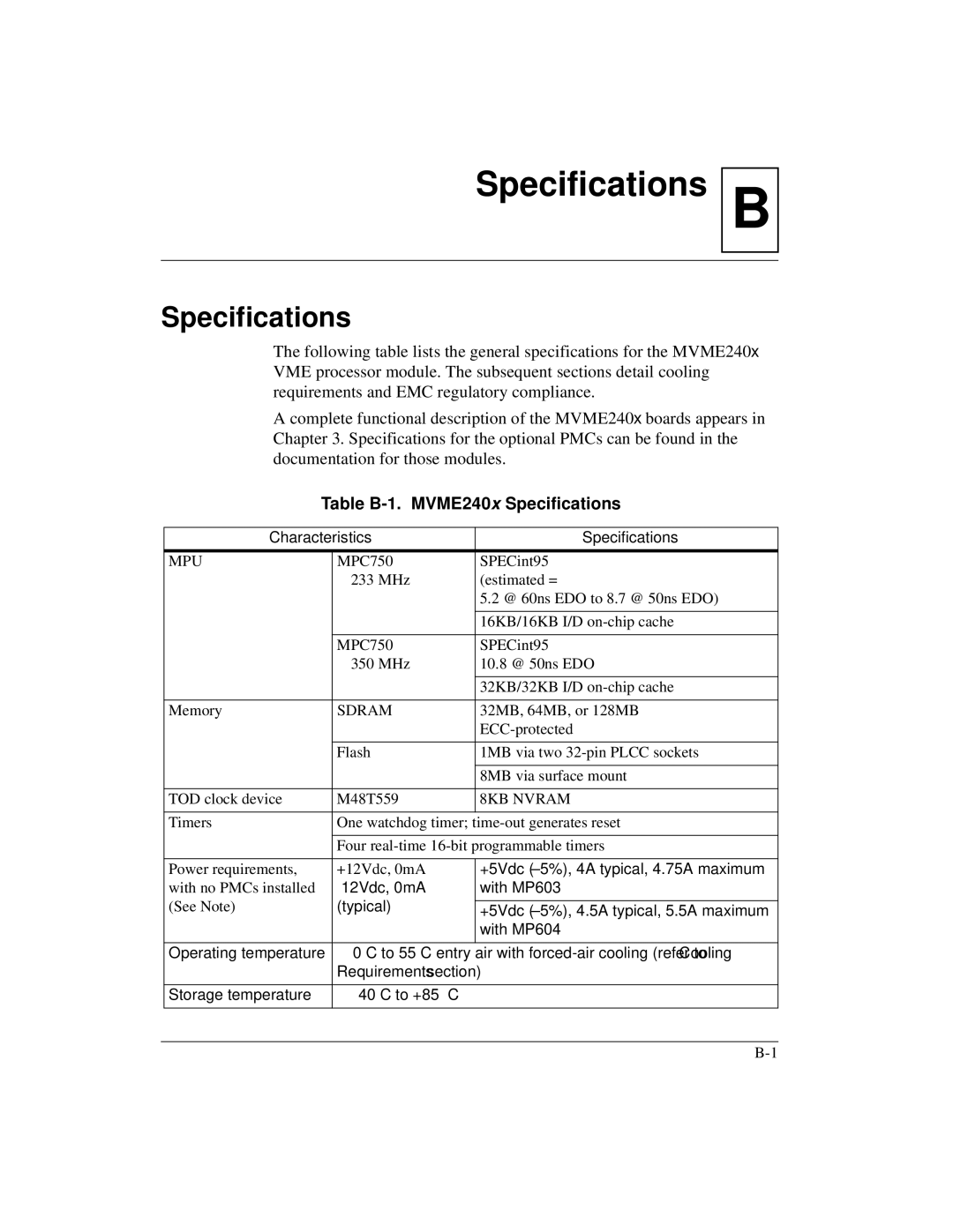 Motorola MVME2400 manual Table B-1. MVME240x Specifications, Characteristics Specifications 