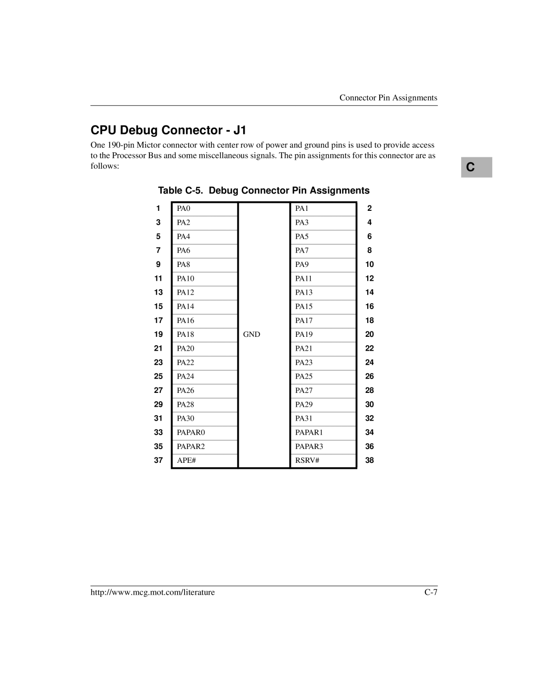 Motorola MVME2400 manual CPU Debug Connector J1, Table C-5. Debug Connector Pin Assignments 