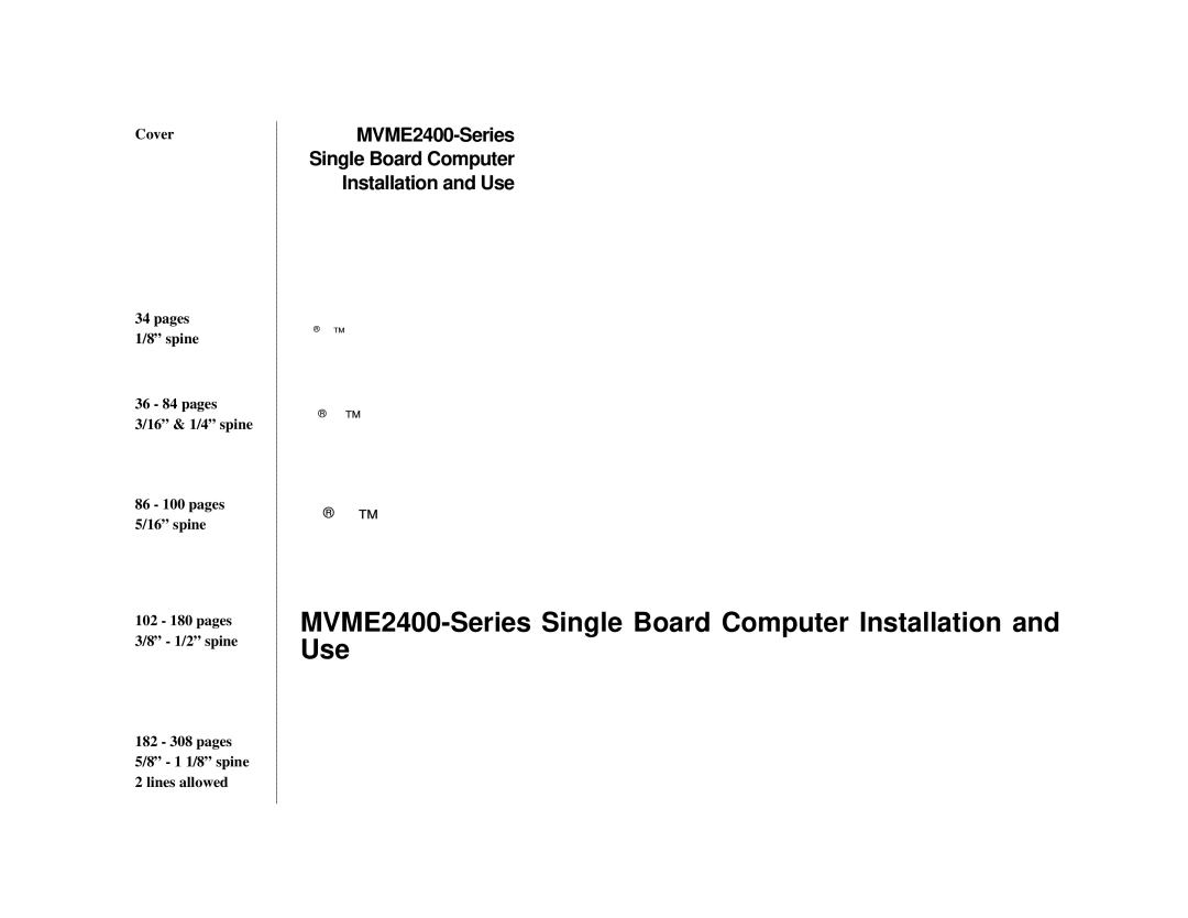 Motorola MVME2400 manual Cover Pages 1/8 spine, 86 100 pages 5/16 spine 