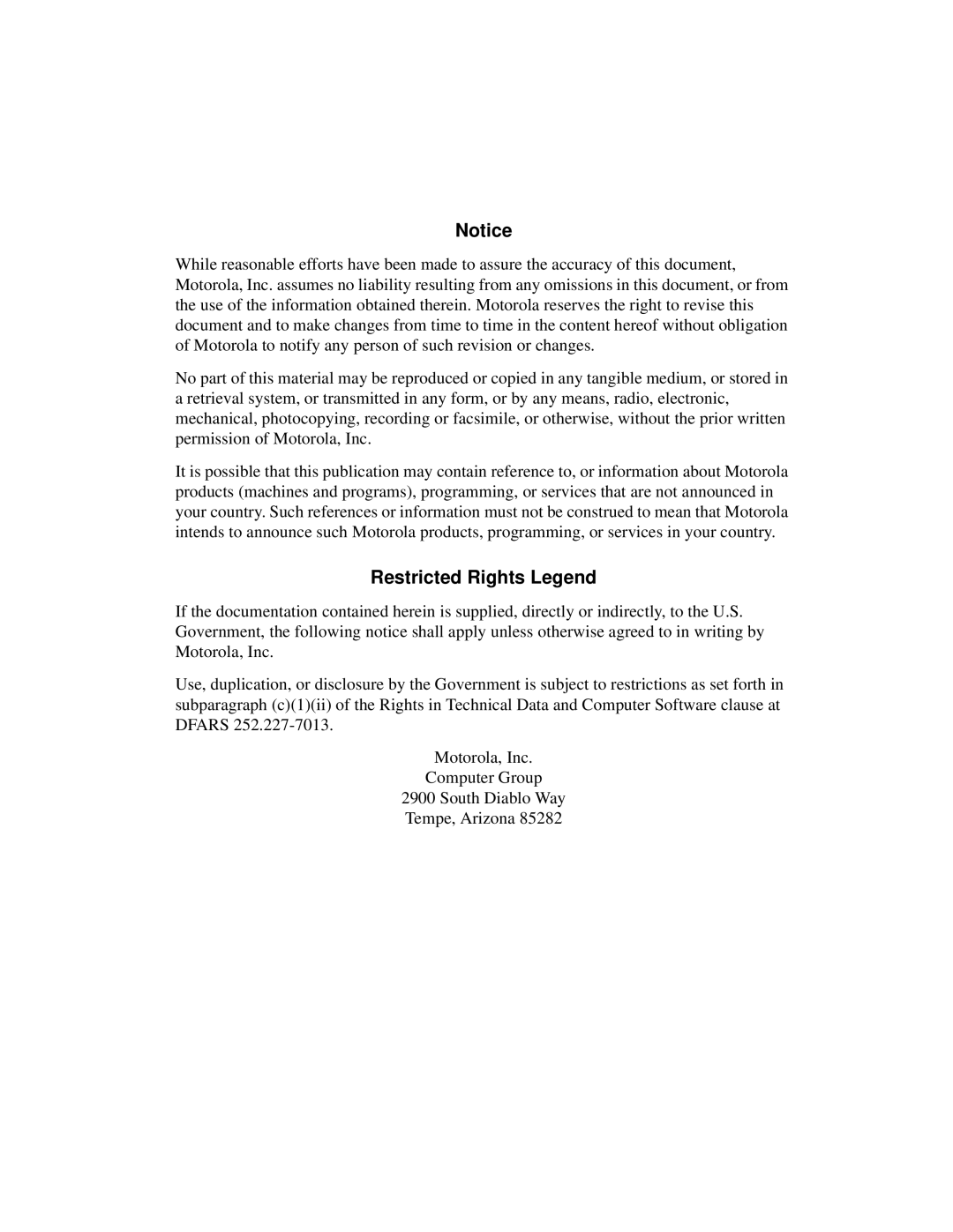 Motorola MVME2400 manual Restricted Rights Legend 