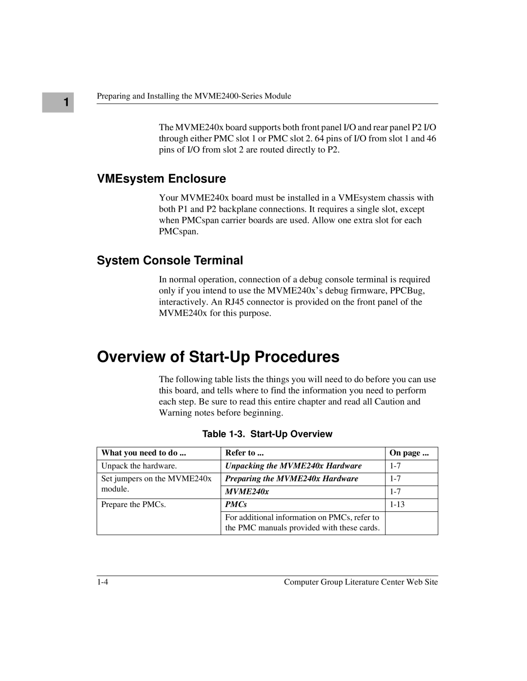 Motorola MVME2400 manual Overview of Start-Up Procedures, VMEsystem Enclosure, System Console Terminal, Start-Up Overview 