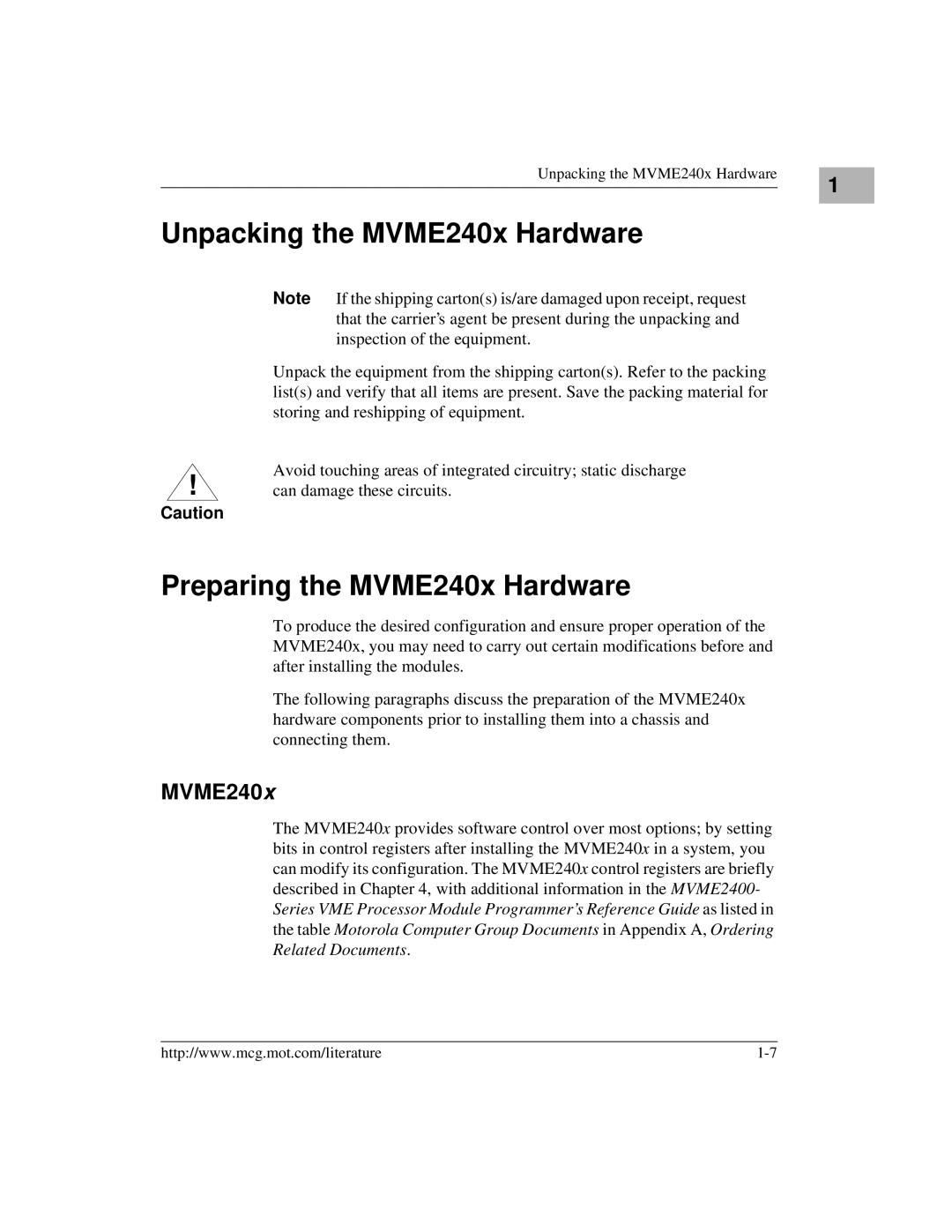 Motorola MVME2400 manual Unpacking the MVME240x Hardware, Preparing the MVME240x Hardware 