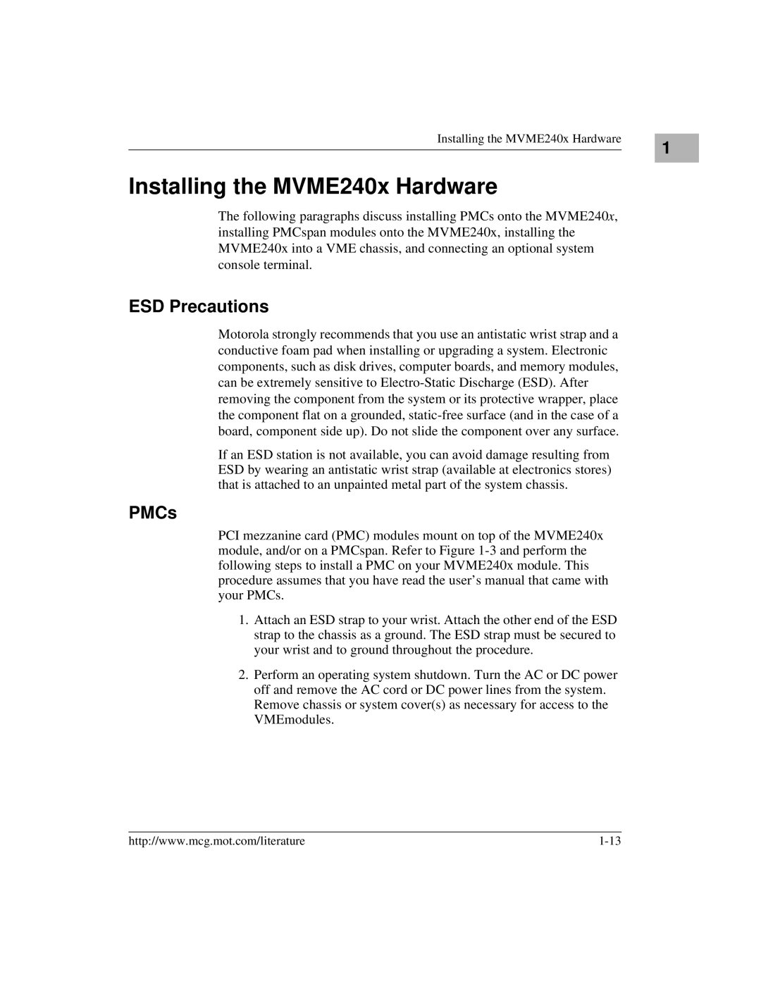 Motorola MVME2400 manual Installing the MVME240x Hardware, ESD Precautions 