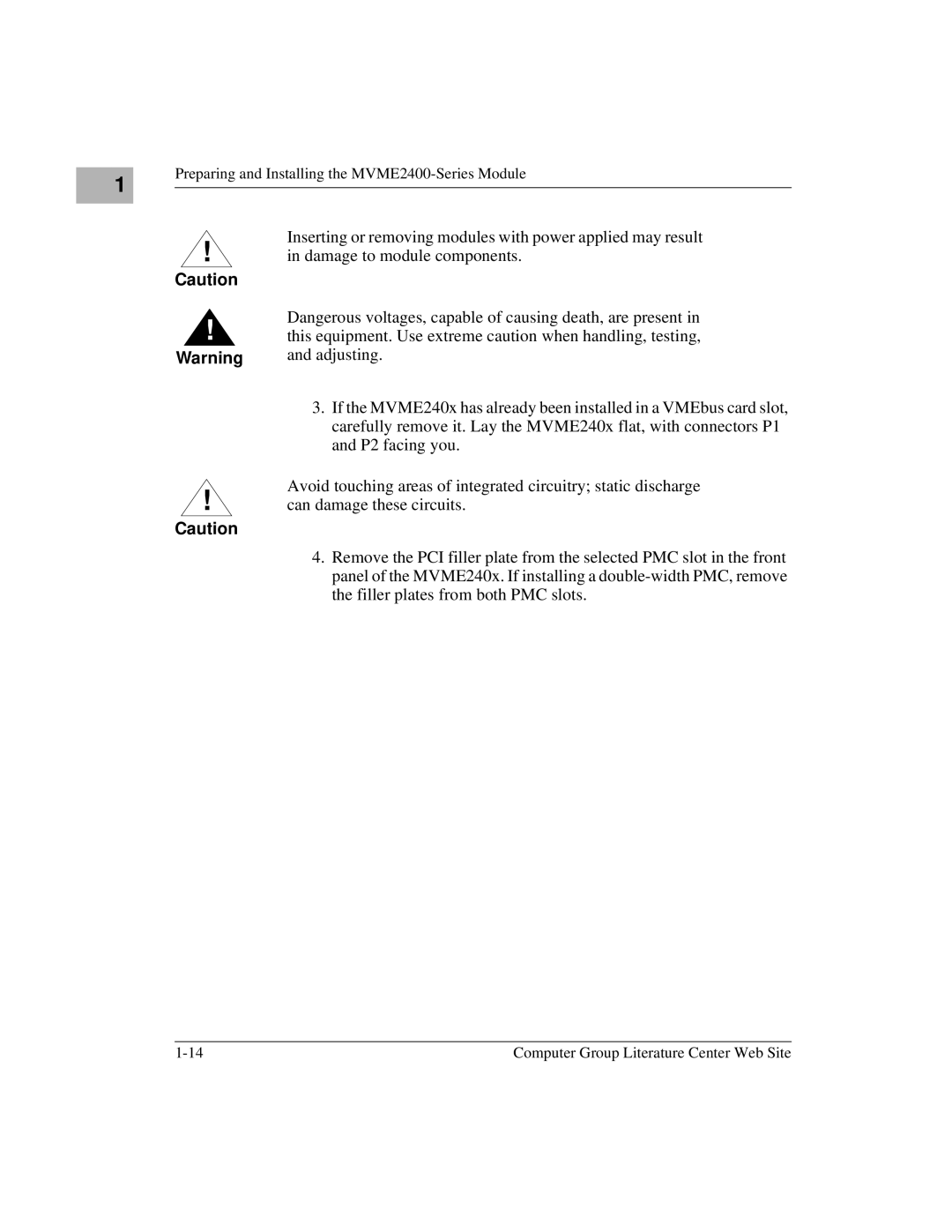 Motorola manual Preparing and Installing the MVME2400-Series Module 