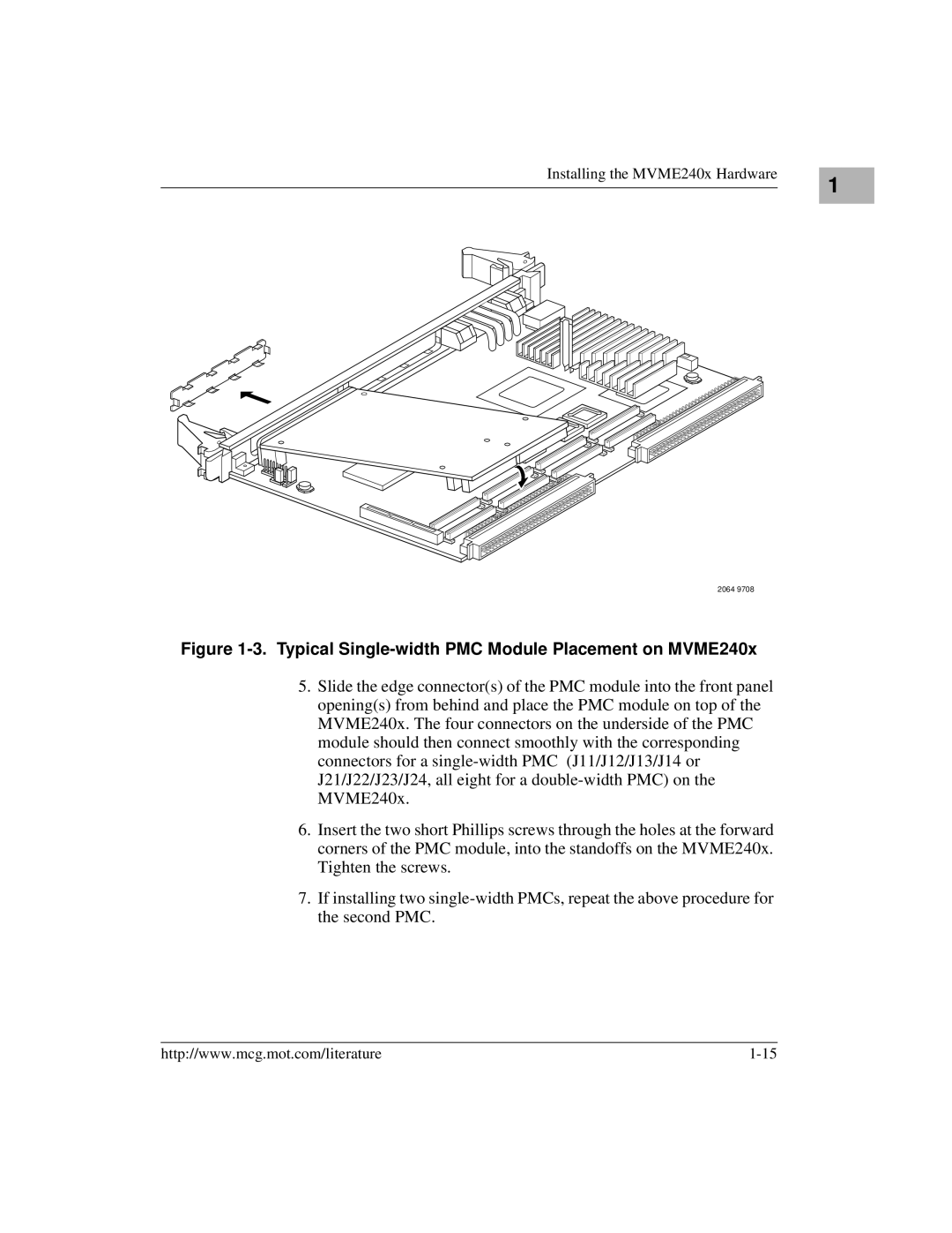 Motorola MVME2400 manual Typical Single-width PMC Module Placement on MVME240x 