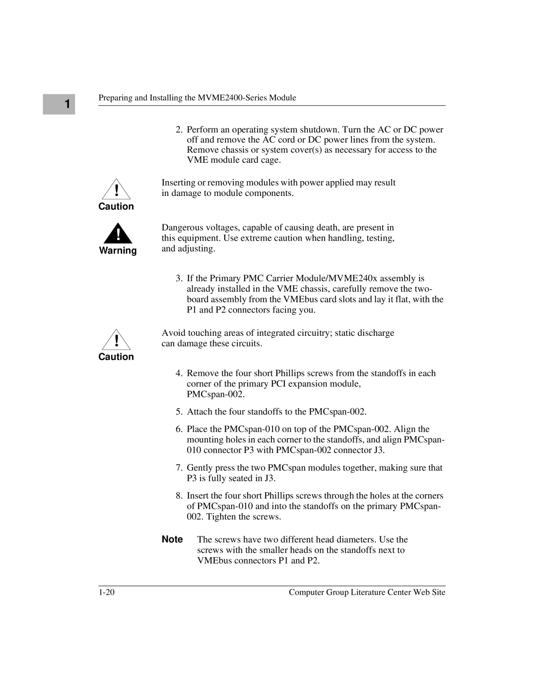 Motorola manual Preparing and Installing the MVME2400-Series Module 