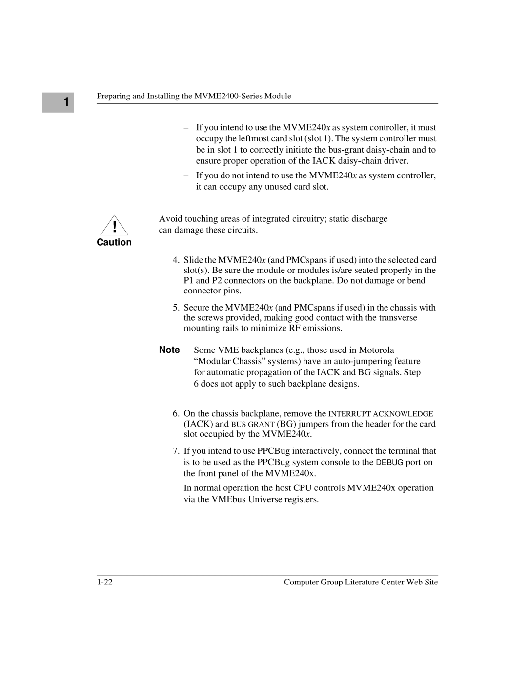 Motorola manual Preparing and Installing the MVME2400-Series Module 