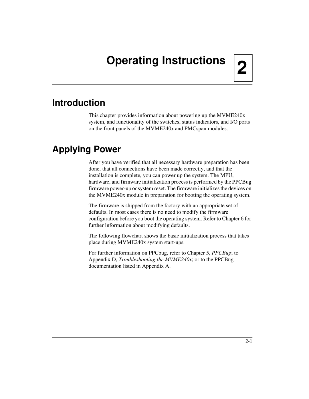 Motorola MVME2400 manual Operating Instructions, Applying Power 