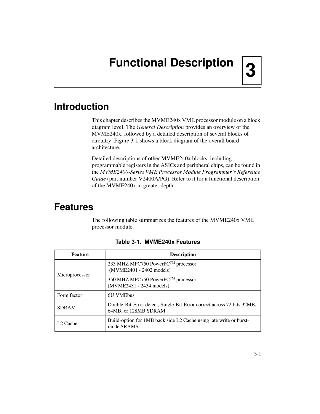 Motorola MVME2400 manual MVME240x Features, Feature Description 