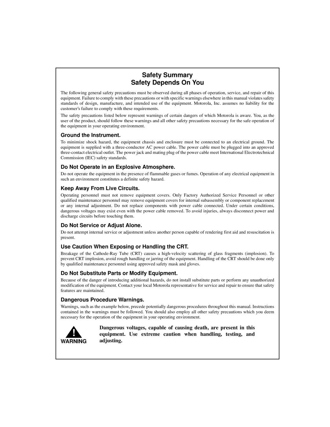 Motorola MVME2400 manual Safety Summary Safety Depends On You, Equipment. Use extreme caution when handling, testing 