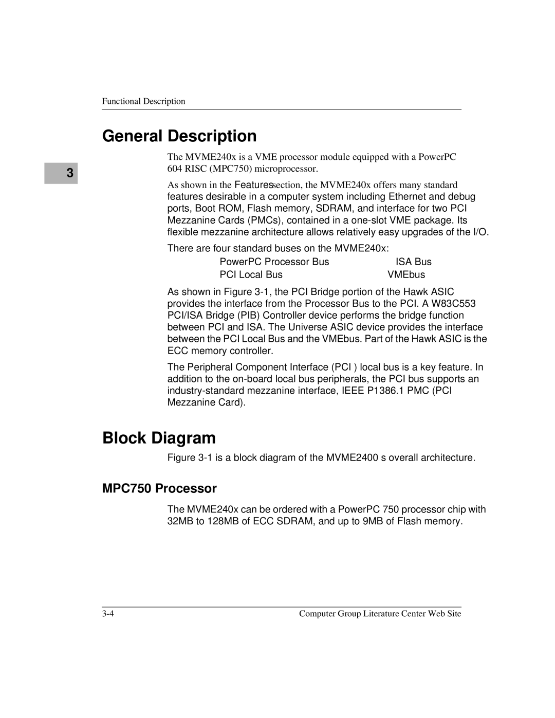 Motorola MVME2400 manual General Description, Block Diagram, MPC750 Processor 