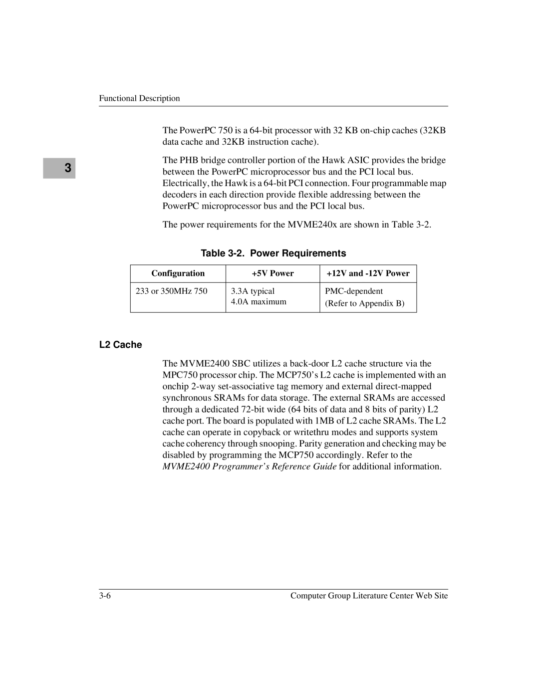 Motorola MVME2400 manual Power Requirements, L2 Cache 