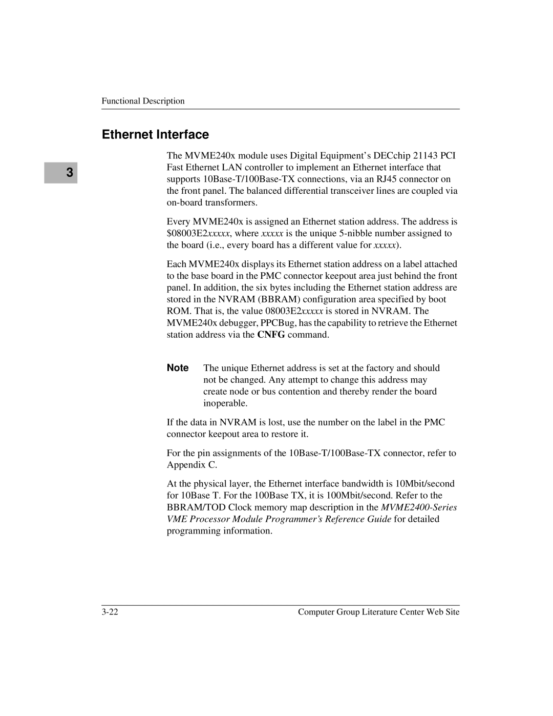 Motorola MVME2400 manual Ethernet Interface 