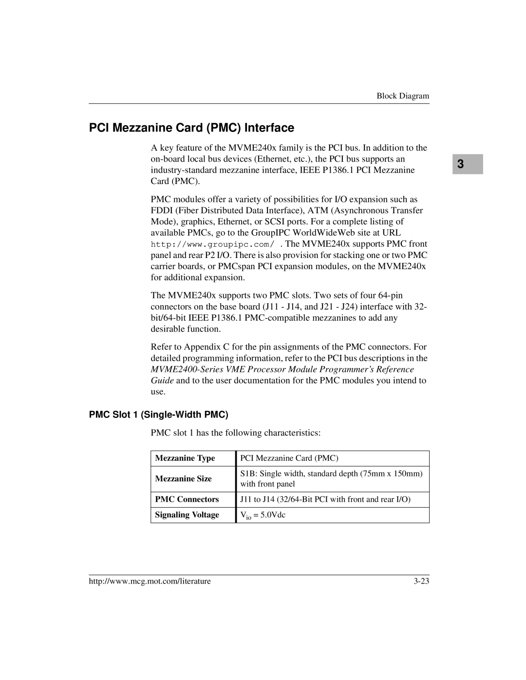 Motorola MVME2400 manual PCI Mezzanine Card PMC Interface, PMC Slot 1 Single-Width PMC 