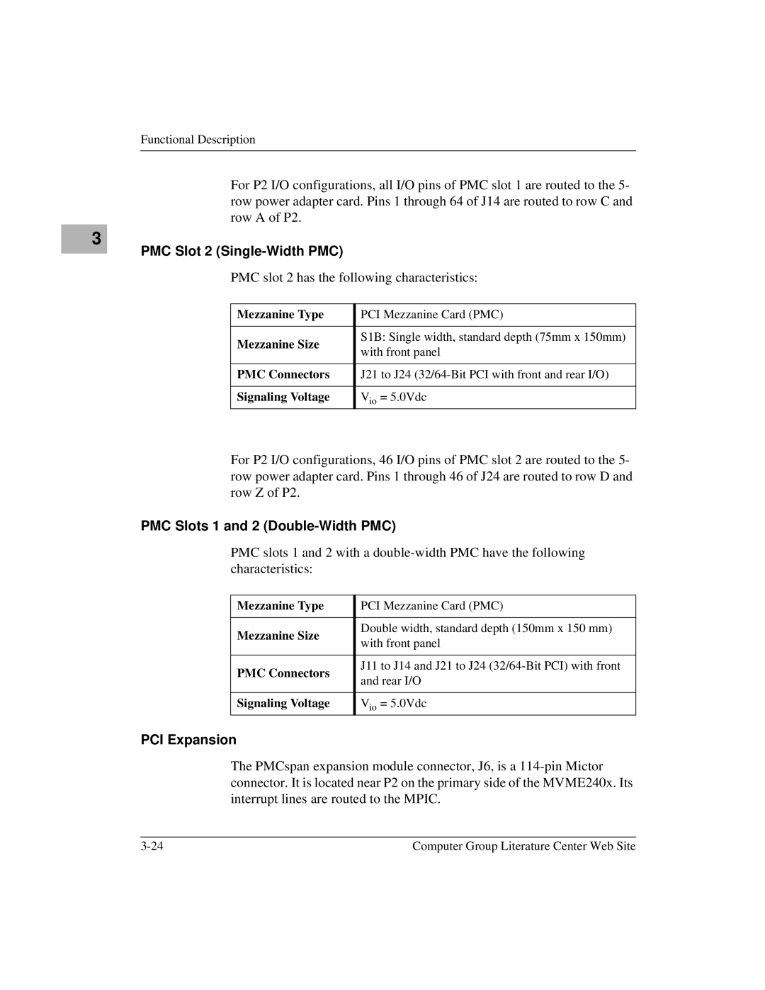 Motorola MVME2400 manual PMC Slot 2 Single-Width PMC, PMC Slots 1 and 2 Double-Width PMC, PCI Expansion 