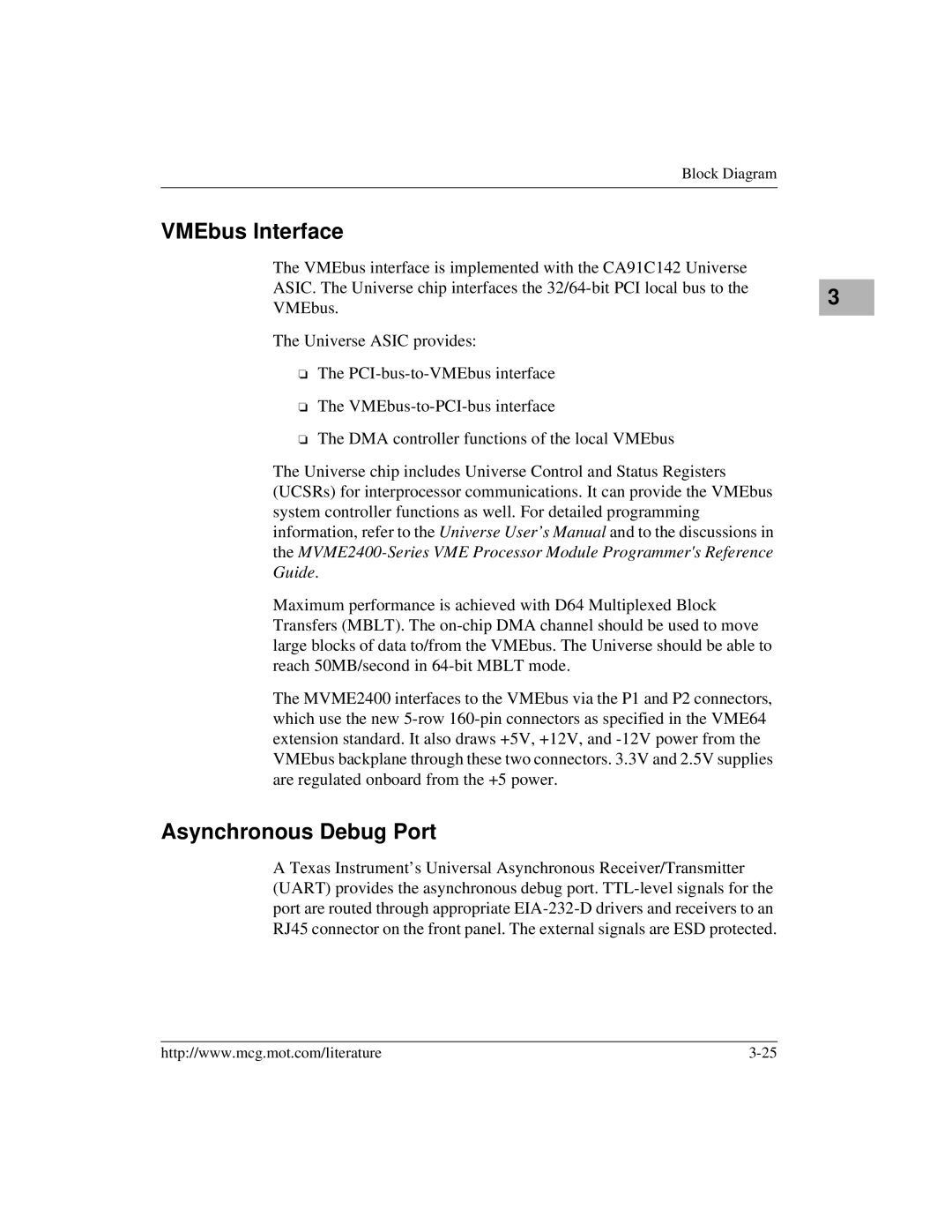 Motorola MVME2400 manual VMEbus Interface, Asynchronous Debug Port 