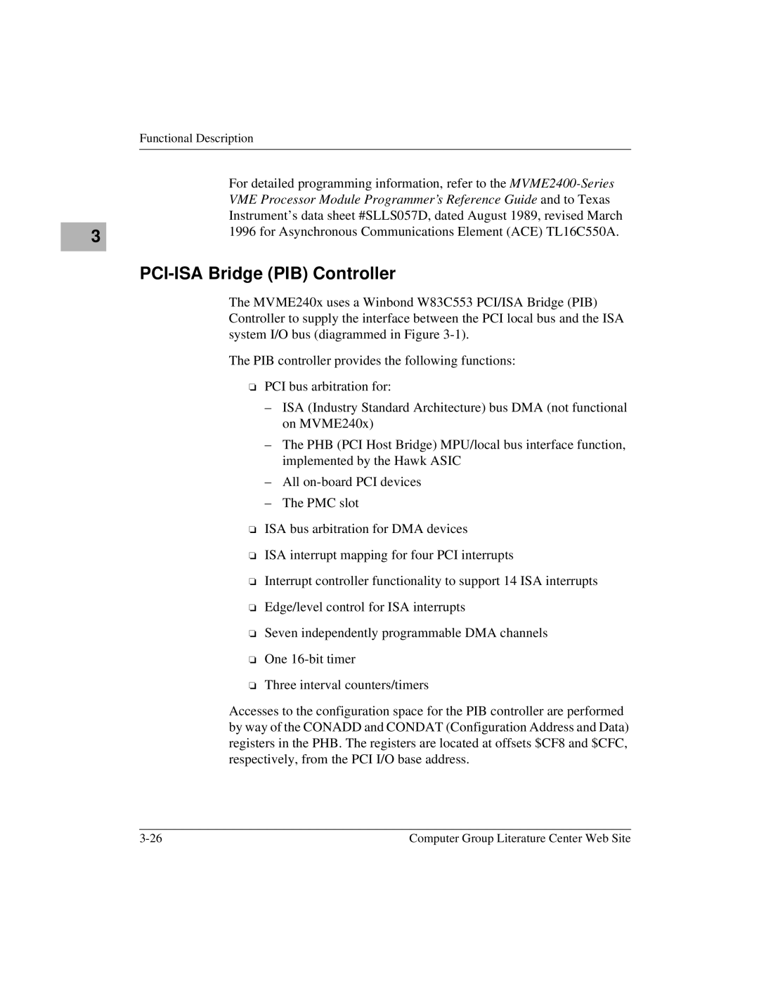 Motorola MVME2400 manual PCI-ISA Bridge PIB Controller 