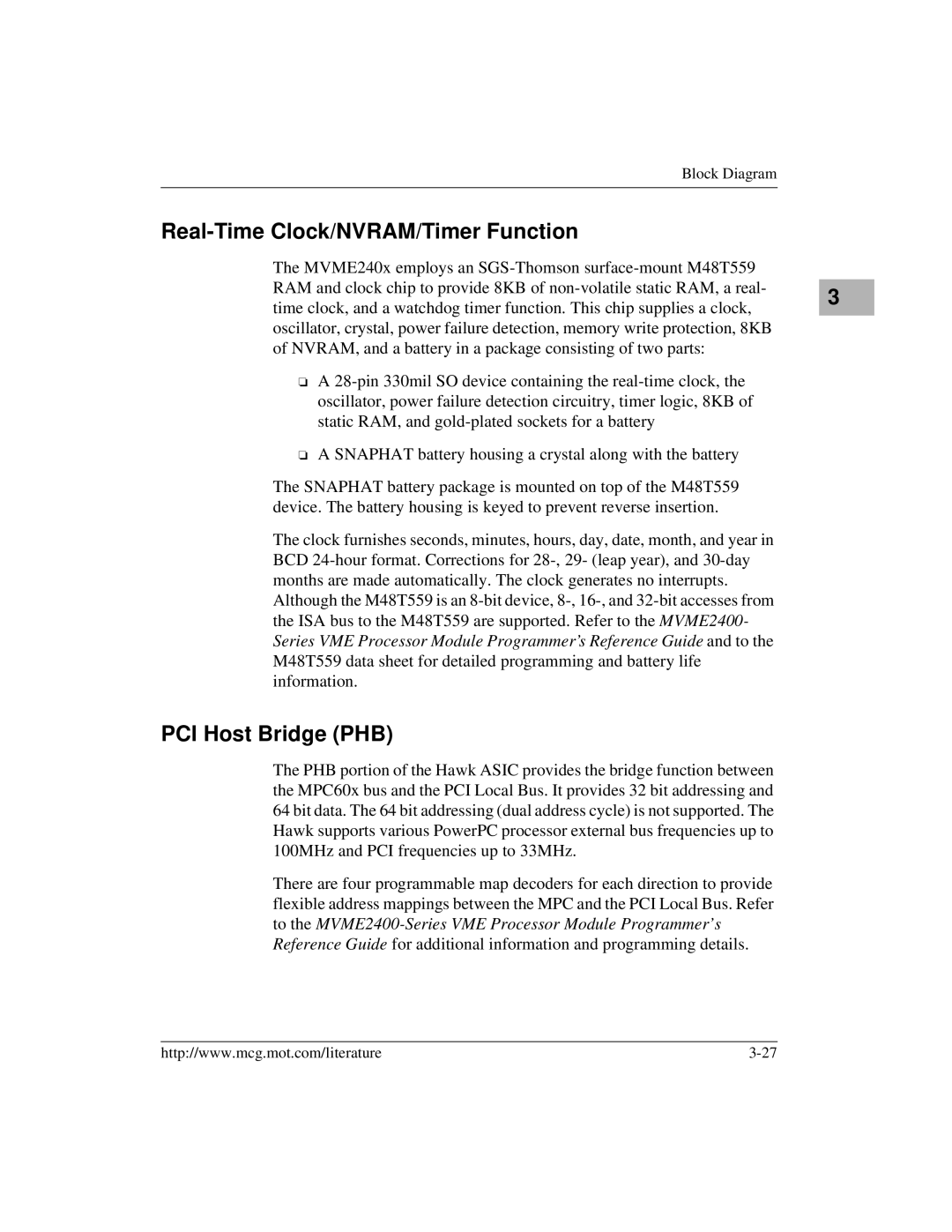 Motorola MVME2400 manual Real-Time Clock/NVRAM/Timer Function, PCI Host Bridge PHB 