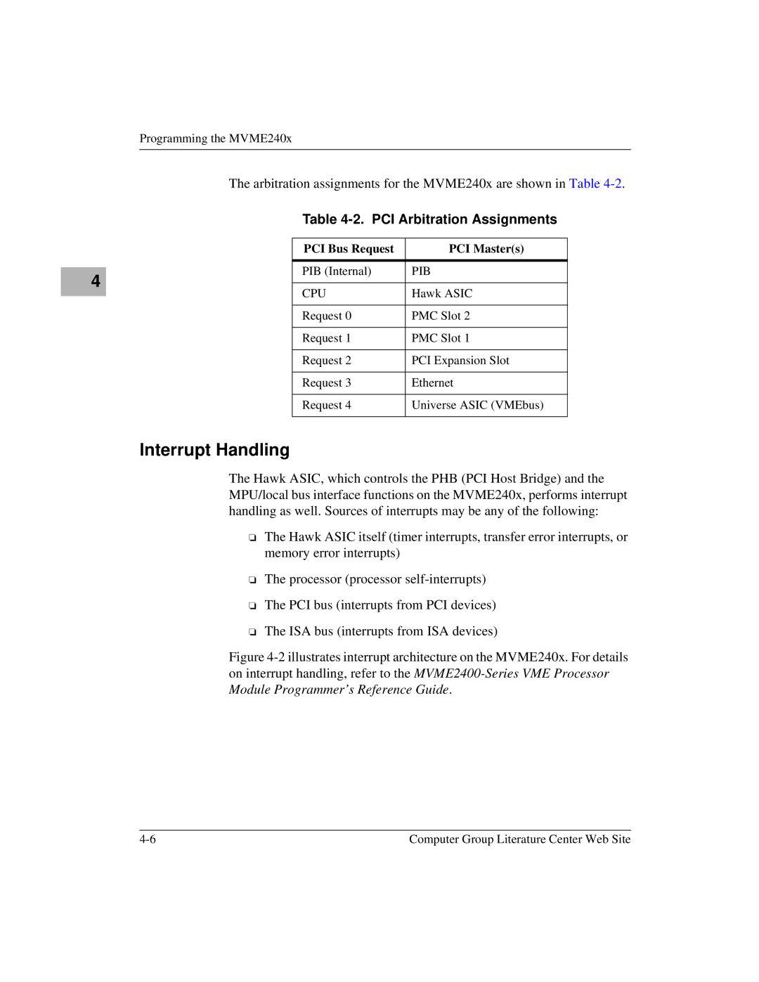 Motorola MVME2400 manual Interrupt Handling, PCI Arbitration Assignments, PCI Bus Request PCI Masters 