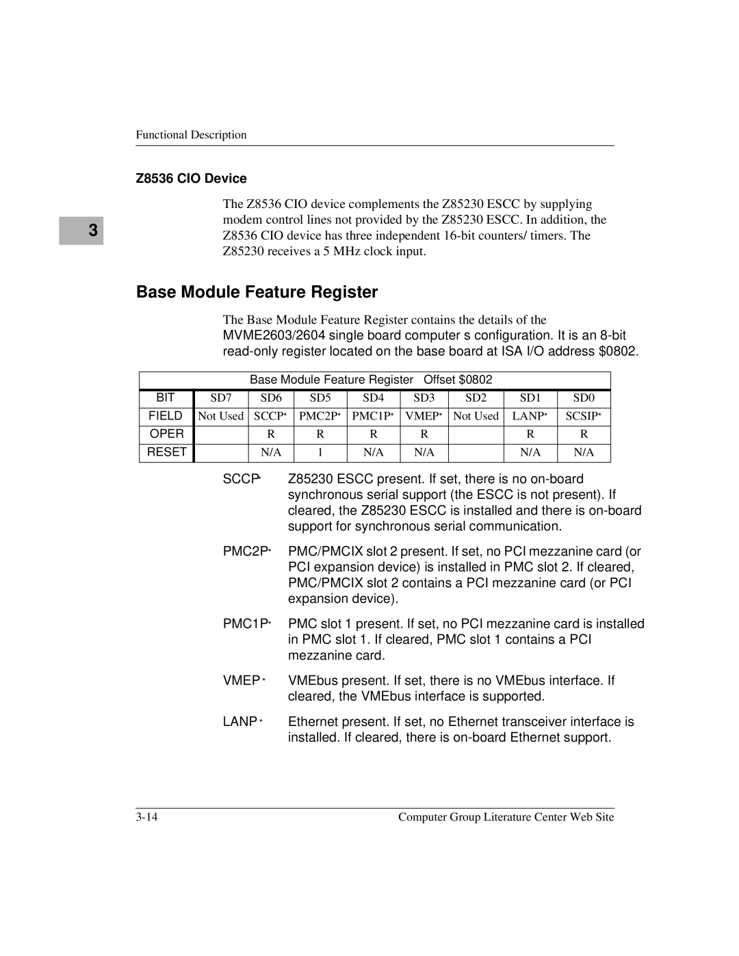 Motorola MVME2600 Z8536 CIO Device, Base Module Feature Register Offset $0802, SD7 SD6 SD5 SD4 SD3 SD2 SD1 SD0, Vmep ∗ 