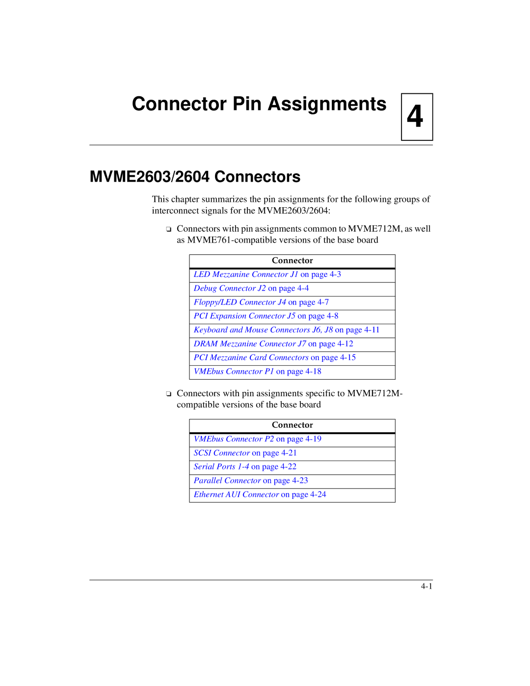 Motorola MVME2600 manual Connector Pin Assignments, MVME2603/2604 Connectors 