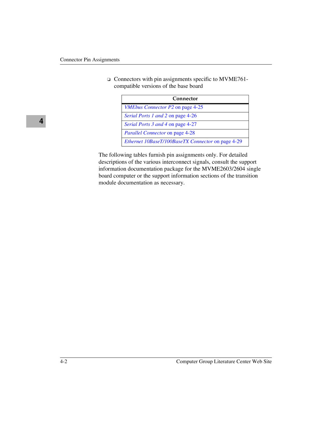 Motorola MVME2600 manual Connector Pin Assignments 