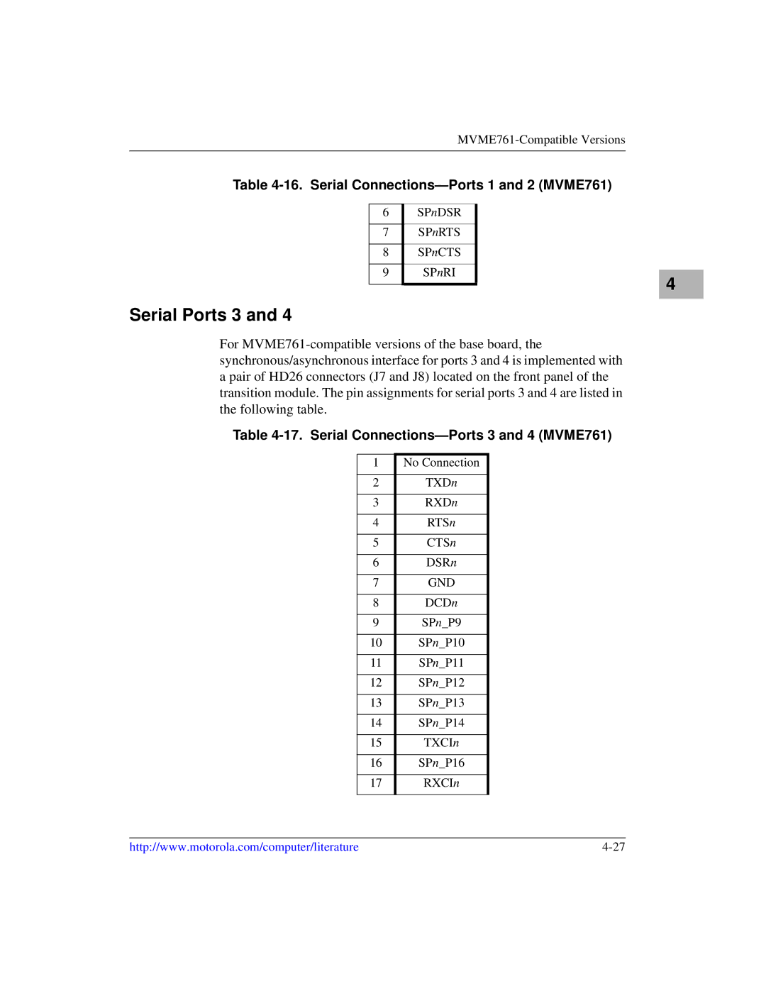 Motorola MVME2600 manual Serial Ports 3, Serial Connections-Ports 3 and 4 MVME761 