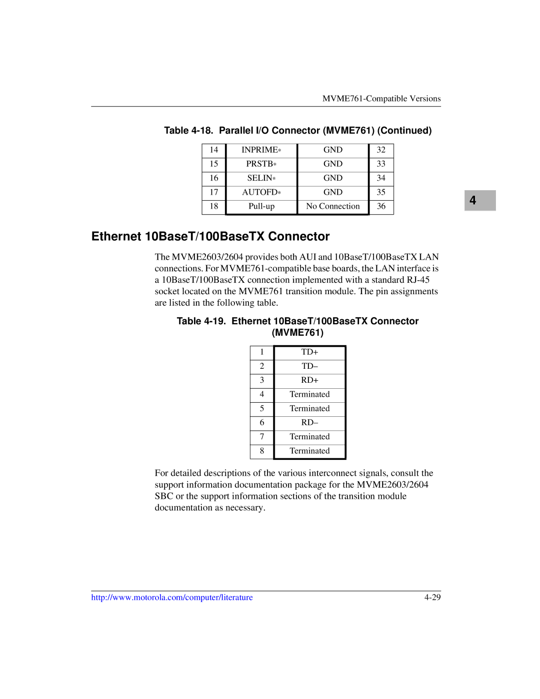 Motorola MVME2600 manual Ethernet 10BaseT/100BaseTX Connector MVME761 