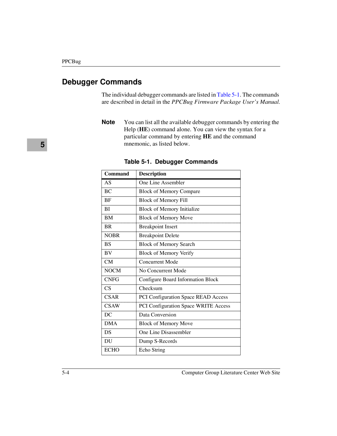 Motorola MVME2600 manual Debugger Commands, Command Description 