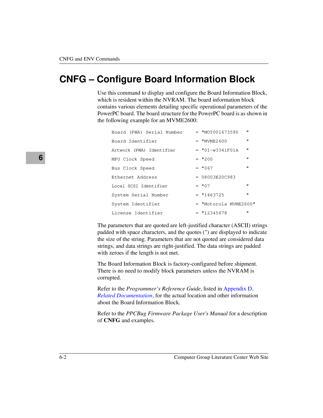 Motorola MVME2600 manual Cnfg Configure Board Information Block 