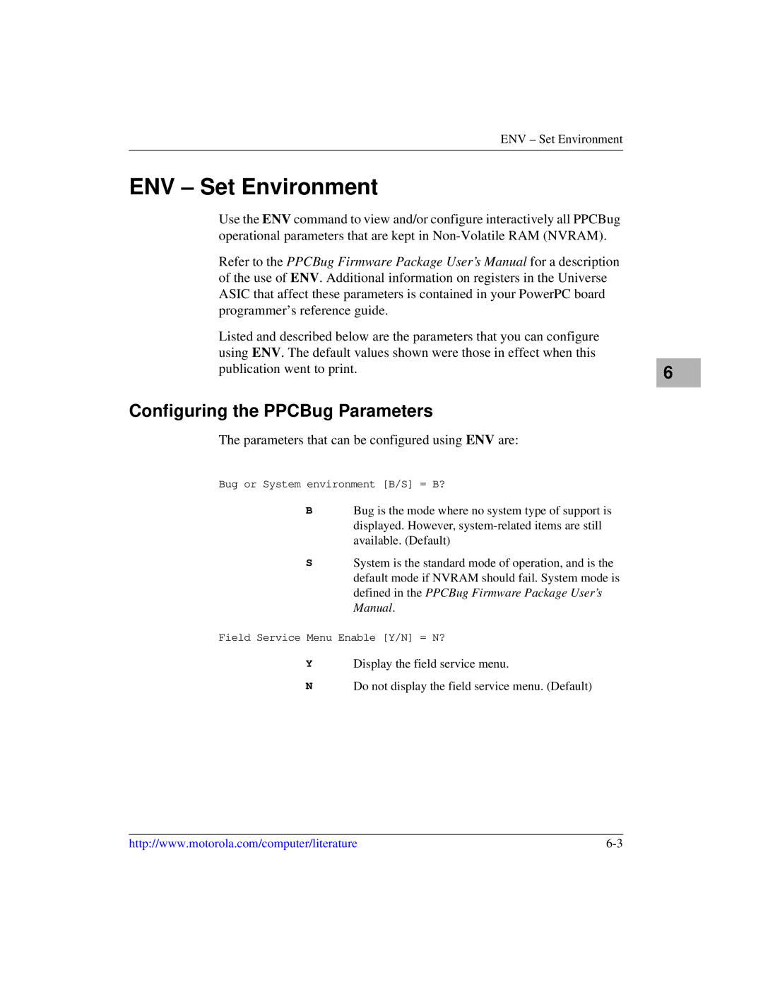 Motorola MVME2600 manual ENV Set Environment, Configuring the PPCBug Parameters 