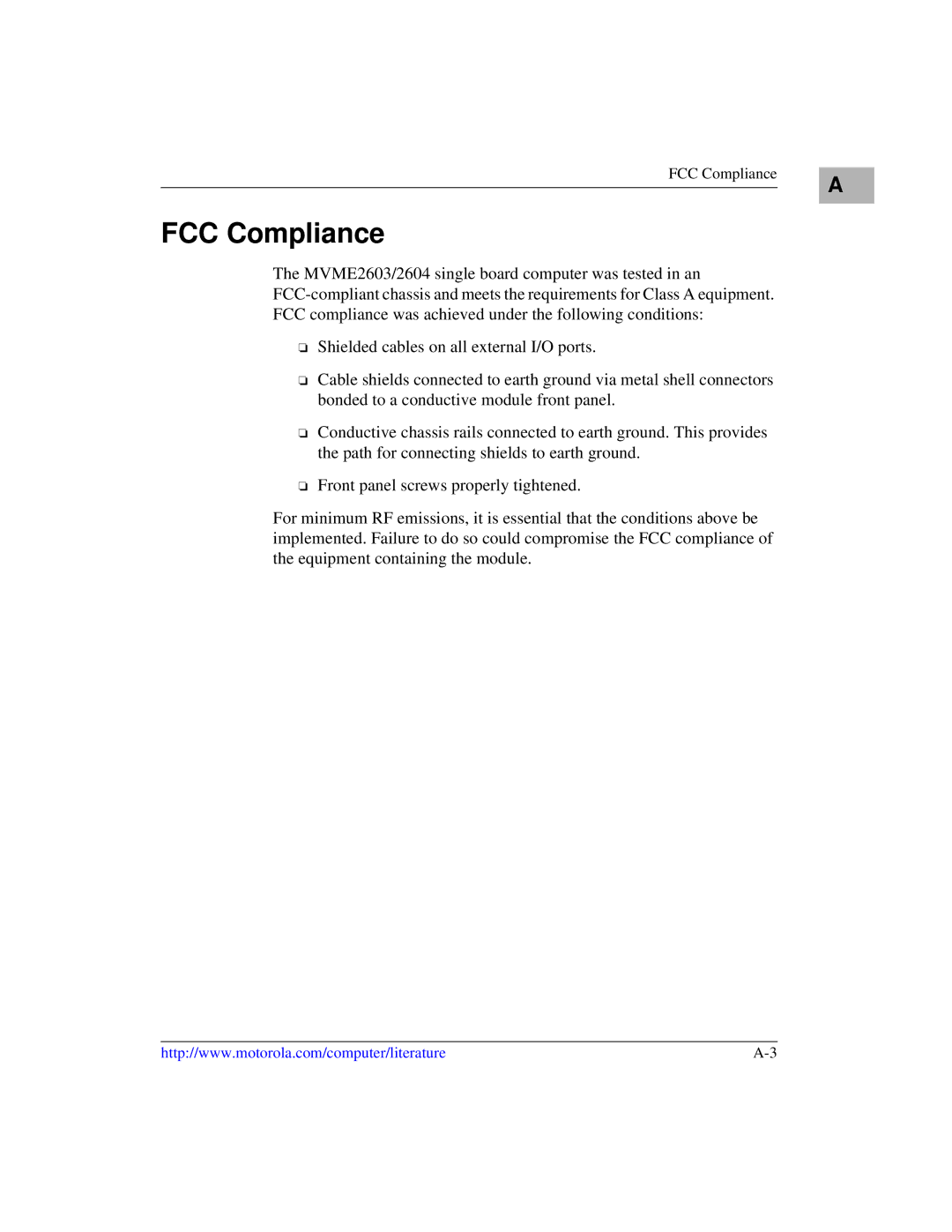 Motorola MVME2600 manual FCC Compliance 