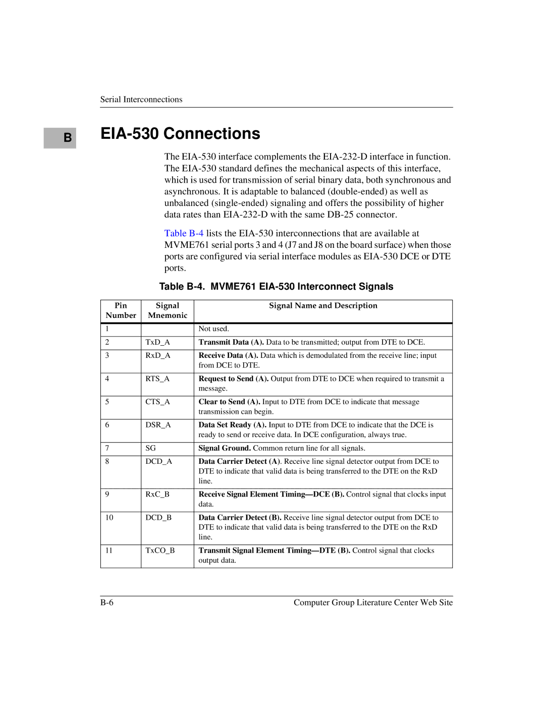 Motorola MVME2600 manual EIA-530 Connections, Table B-4. MVME761 EIA-530 Interconnect Signals 