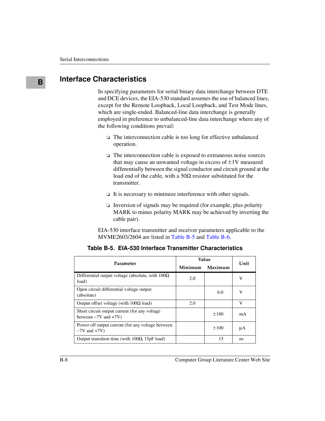 Motorola MVME2600 manual Interface Characteristics, Table B-5. EIA-530 Interface Transmitter Characteristics 