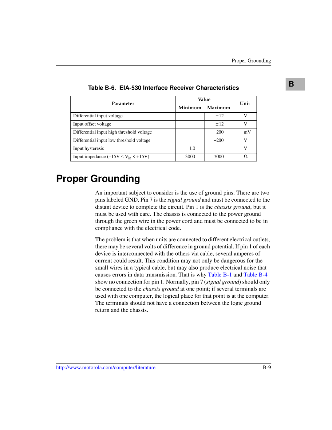 Motorola MVME2600 manual Proper Grounding, Table B-6. EIA-530 Interface Receiver Characteristics 