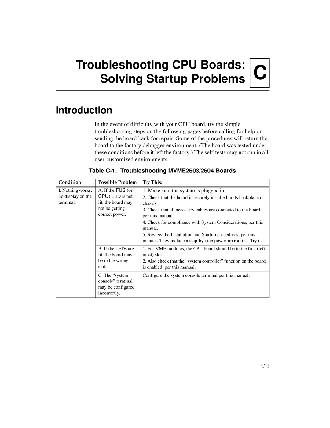 Motorola MVME2600 CTroubleshooting CPU Boards Solving Startup Problems, Table C-1. Troubleshooting MVME2603/2604 Boards 