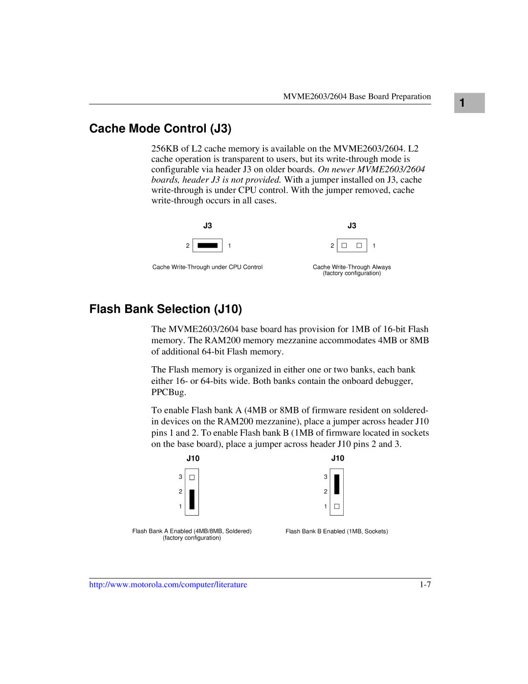 Motorola MVME2600 manual Cache Mode Control J3, Flash Bank Selection J10 