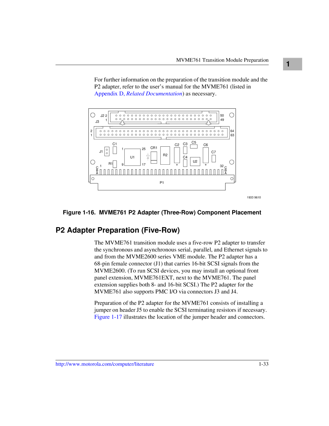 Motorola MVME2600 manual P2 Adapter Preparation Five-Row, MVME761 P2 Adapter Three-Row Component Placement 