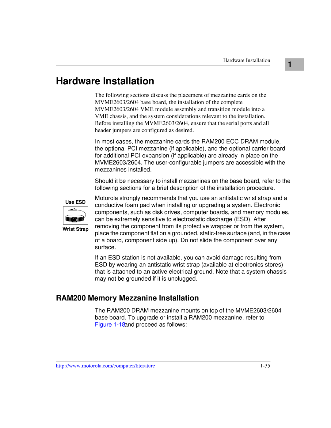 Motorola MVME2600 manual Hardware Installation, RAM200 Memory Mezzanine Installation 