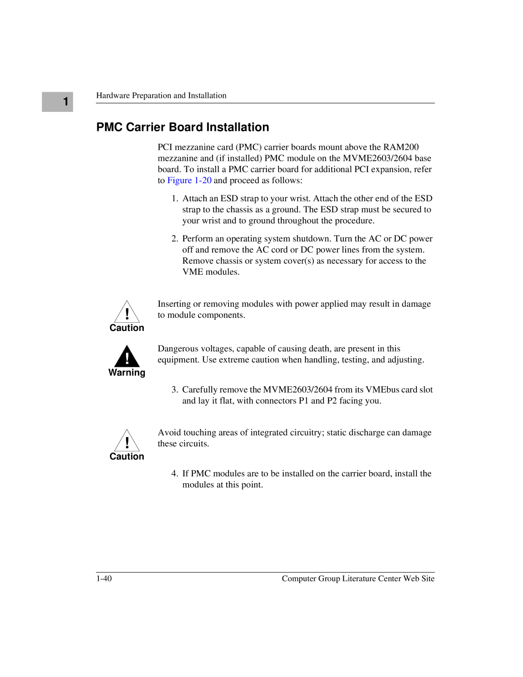 Motorola MVME2600 manual PMC Carrier Board Installation 