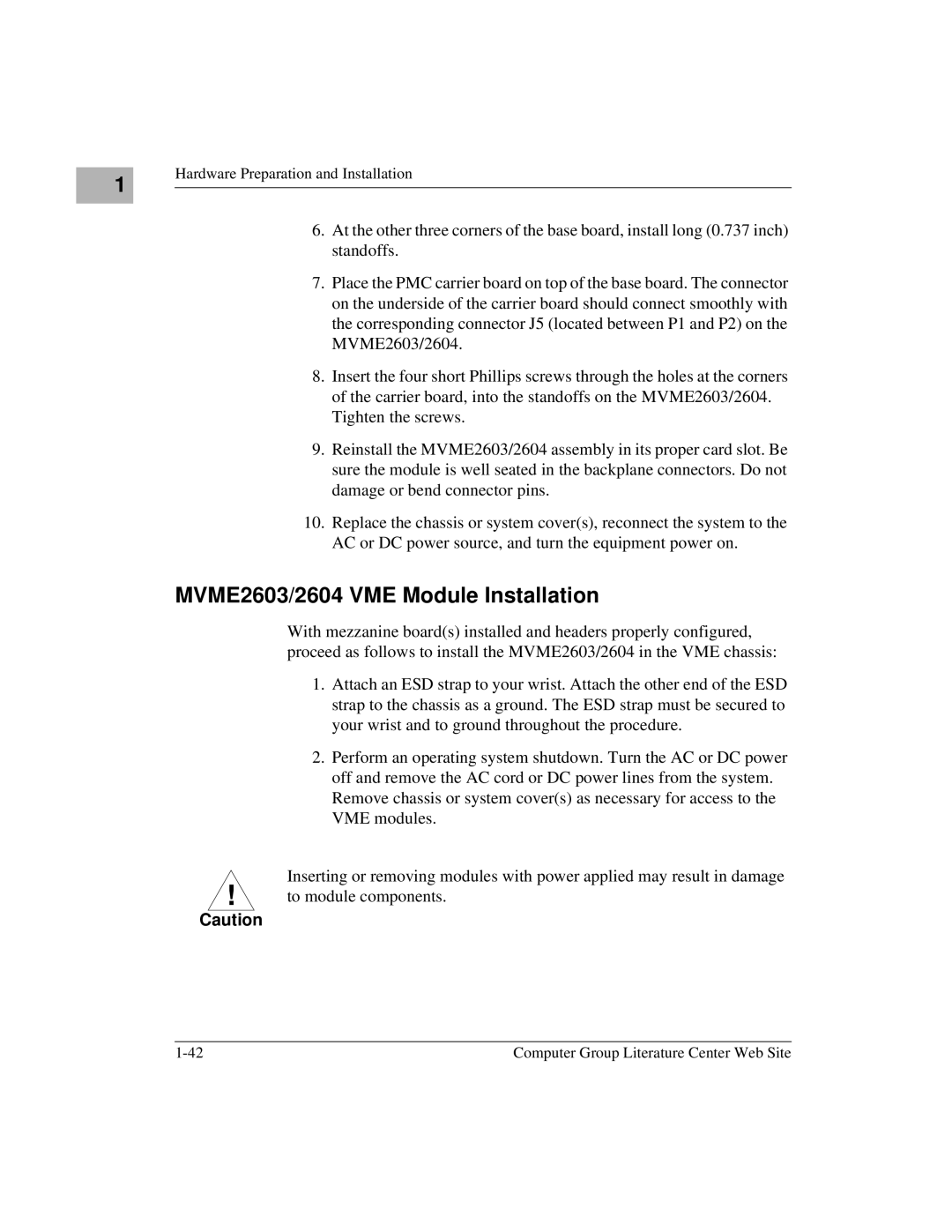 Motorola MVME2600 manual MVME2603/2604 VME Module Installation 