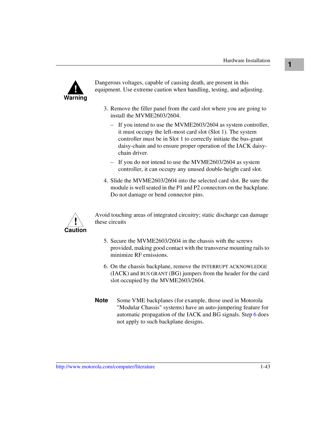 Motorola MVME2600 manual Hardware Installation 