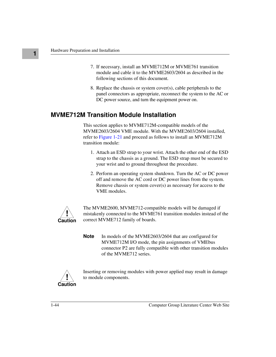 Motorola MVME2600 manual MVME712M Transition Module Installation 