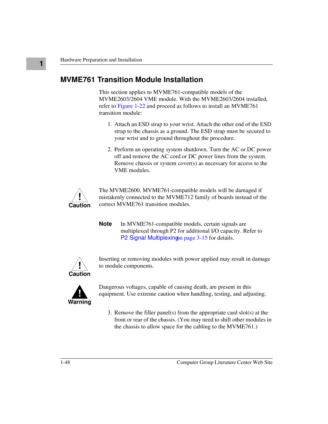 Motorola MVME2600 manual MVME761 Transition Module Installation 