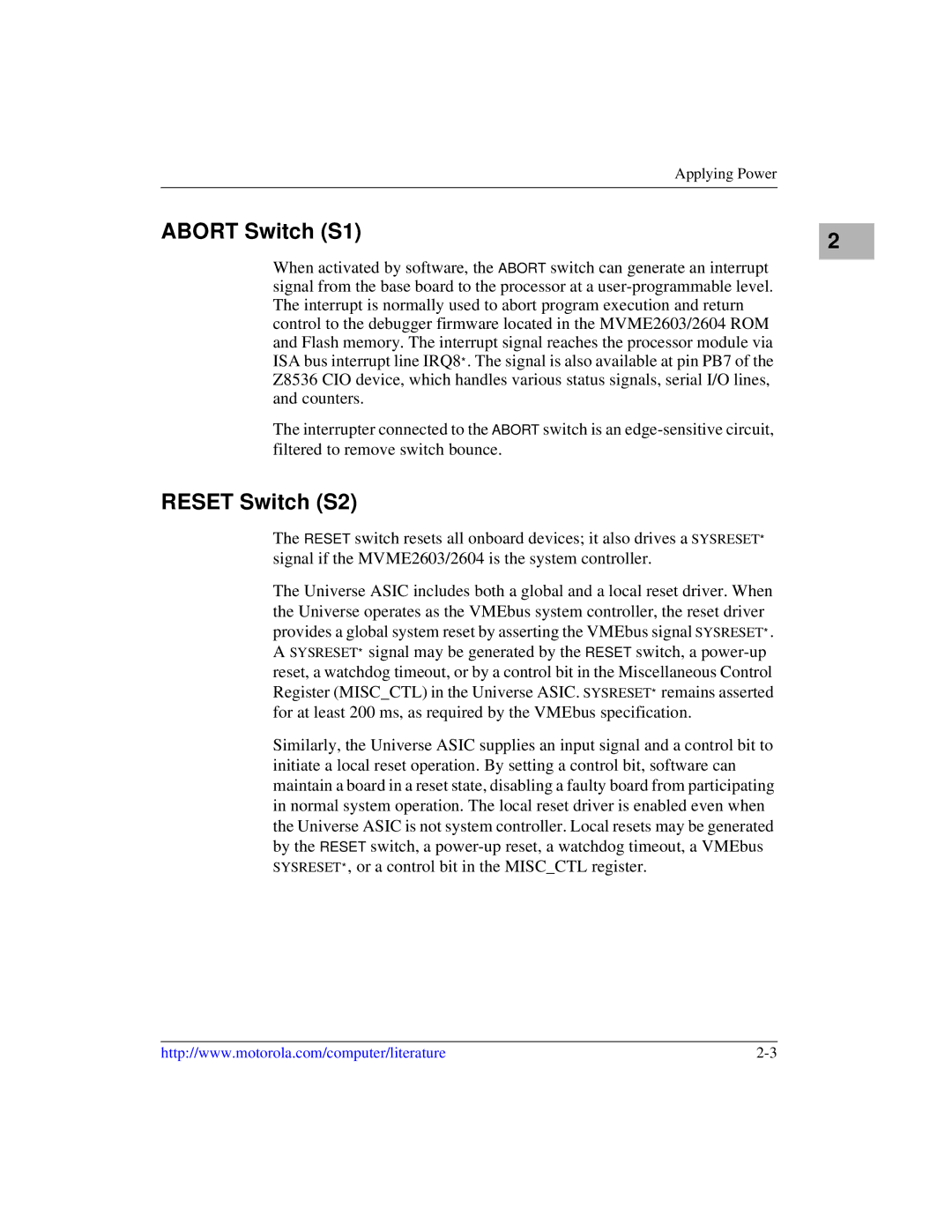 Motorola MVME2600 manual Abort Switch S1, Reset Switch S2, Applying Power 