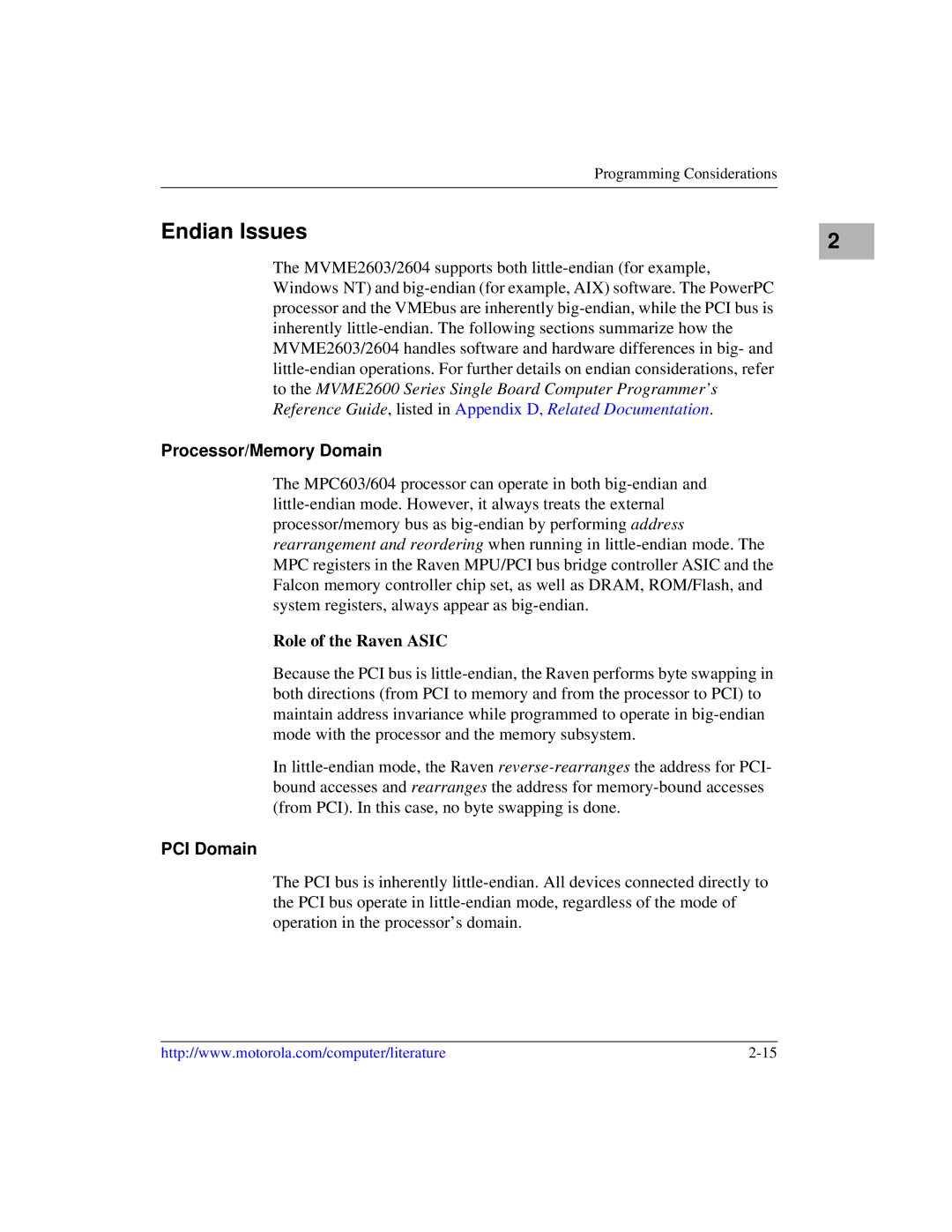 Motorola MVME2600 manual Endian Issues, Processor/Memory Domain, PCI Domain 