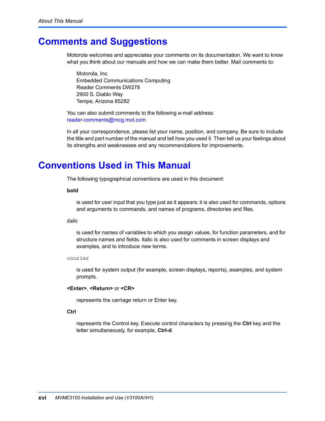 Motorola MVME3100 manual Comments and Suggestions, Conventions Used in This Manual 