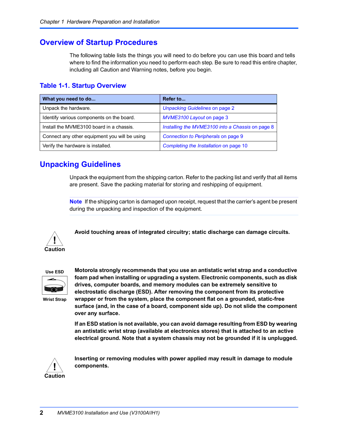 Motorola MVME3100 manual Overview of Startup Procedures, Unpacking Guidelines, Startup Overview 