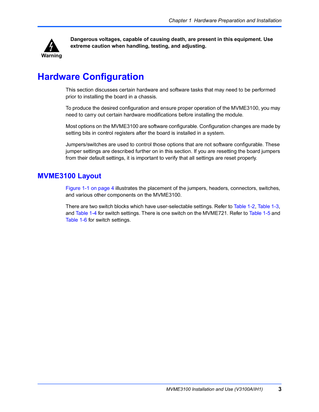 Motorola manual Hardware Configuration, MVME3100 Layout 