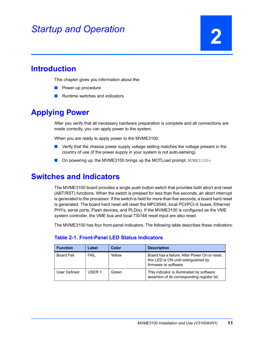 Motorola MVME3100 manual Startup and Operation, Applying Power, Switches and Indicators, Front-Panel LED Status Indicators 